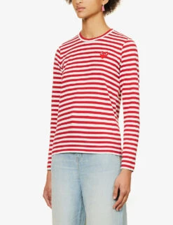 Comme Des Garçons Play Heart-embroidered Striped Cotton-jersey Top -Reis Clothing Shop 143 2000022 P1T163 S REDWHITE ALT02