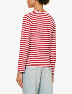 Comme Des Garçons Play Heart-embroidered Striped Cotton-jersey Top -Reis Clothing Shop 143 2000022 P1T163 S REDWHITE ALT03