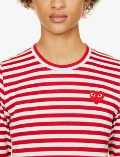 Comme Des Garçons Play Heart-embroidered Striped Cotton-jersey Top -Reis Clothing Shop 143 2000022 P1T163 S REDWHITE ALT04