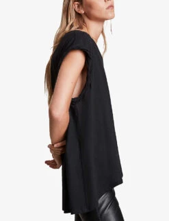AllSaints Sanza Asymmetric-hem Cotton And Linen-blend Tank Top -Reis Clothing Shop R00075669 BLACK ALT04