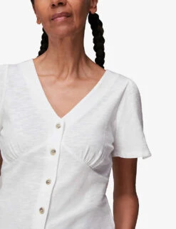 Whistles V-neck Button Placket Cotton T-shirt -Reis Clothing Shop R03750199 WHITE ALT04