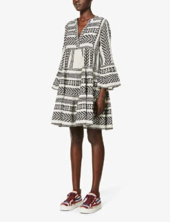 Devotion Twins Ella Flared-sleeve Cotton Mini Dress -Reis Clothing Shop R03886532 BLACKOFFWHITE ALT02