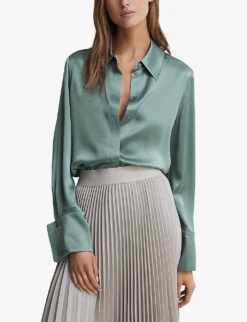 Reiss Hailey Point-collar Silk Shirt -Reis Clothing Shop R03936913 SAGE ALT02