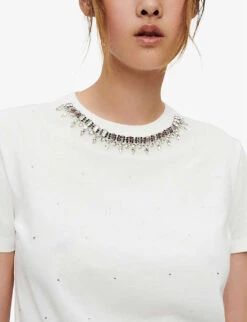 Maje Rocky Embellished Cotton T-shirt -Reis Clothing Shop R03958793 BLANC ALT04
