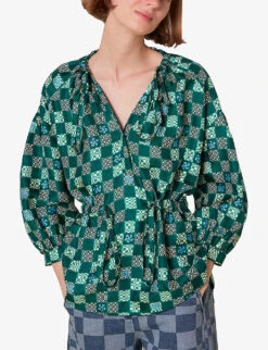 Whistles Checkerboard Adjustable-waist Silk Top 7 Whistles Checkerboard Adjustable-waist Silk Top -Reis Clothing Shop R03974353 MULTICOLOURED ALT02