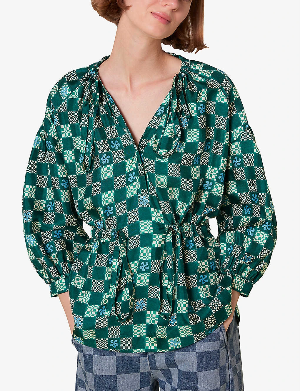 Whistles Checkerboard Adjustable-waist Silk Top 3 Whistles Checkerboard Adjustable-waist Silk Top - Image 3