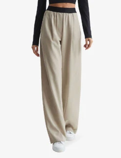 Reiss Lena Contrast-waist Wide-leg High-rise Stretch-woven Trousers -Reis Clothing Shop R03978241 STONE ALT02
