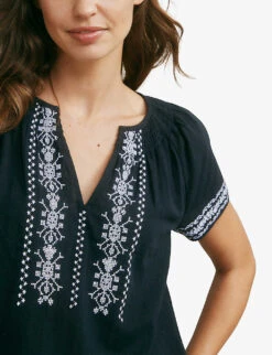 Embroidered-trim Relaxed-fit Organic-cotton Blouse -Reis Clothing Shop R03995478 NAVY ALT03