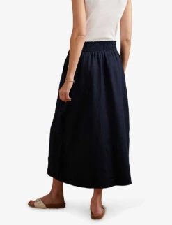 Smocked-waist Linen Midi Skirt -Reis Clothing Shop R04003667 NAVY ALT03