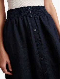 Smocked-waist Linen Midi Skirt -Reis Clothing Shop R04003667 NAVY ALT04