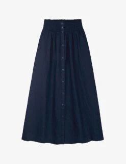 Smocked-waist Linen Midi Skirt