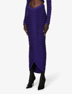 ALAIA Ribbed-pattern Ruched Velvet Midi Skirt -Reis Clothing Shop R04076336 ULTRAVIOLET ALT02