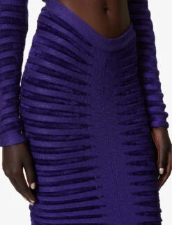 ALAIA Ribbed-pattern Ruched Velvet Midi Skirt -Reis Clothing Shop R04076336 ULTRAVIOLET ALT04
