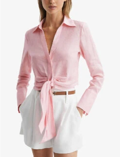 Reiss Dahlia Point-collar Tie-waist Linen Shirt -Reis Clothing Shop R04082353 PINK ALT02