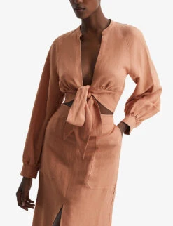 Reiss Axelle Cropped Linen-blend Blouse -Reis Clothing Shop R04087059 RUST ALT02