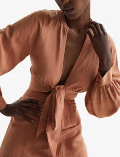 Reiss Axelle Cropped Linen-blend Blouse -Reis Clothing Shop R04087059 RUST ALT04