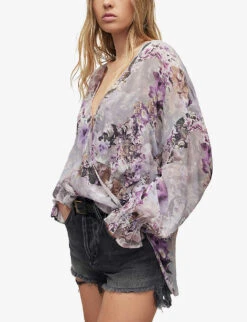 AllSaints Penny Lucia Floral-print Woven Top -Reis Clothing Shop R04087360 STORMGREY ALT02