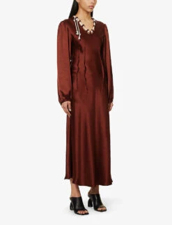 V-neck Flared-hem Woven Maxi Dress -Reis Clothing Shop R04089685 BROWN ALT02