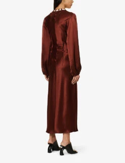 V-neck Flared-hem Woven Maxi Dress -Reis Clothing Shop R04089685 BROWN ALT03