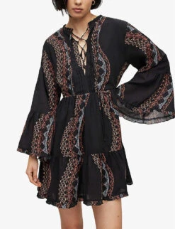AllSaints Adella Leticia Graphic-print Woven Mini Dress -Reis Clothing Shop R04091319 BLACKMULTI ALT02