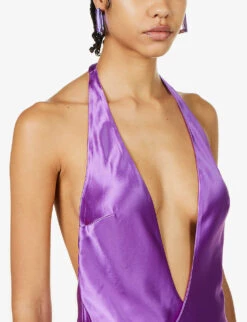 Valeria Halter-neck Side-split Satin Maxi Dress 9 Valeria Halter-neck Side-split Satin Maxi Dress -Reis Clothing Shop R04091973 ORCHIDPURPLE ALT04