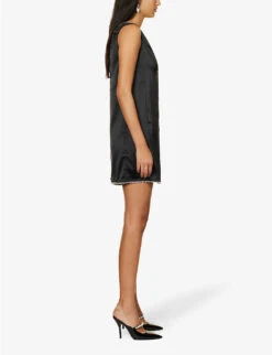 V-neck Pearlescent-trim Satin Mini Dress -Reis Clothing Shop R04096644 BLACK ALT02