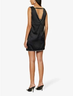 V-neck Pearlescent-trim Satin Mini Dress -Reis Clothing Shop R04096644 BLACK ALT03