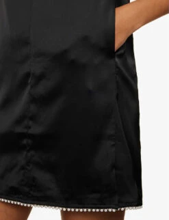 V-neck Pearlescent-trim Satin Mini Dress -Reis Clothing Shop R04096644 BLACK ALT04