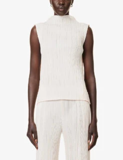 Mellow Pleated Sleeveless Regular-fit Knitted Top -Reis Clothing Shop R04100463 06PINKWHITE ALT02