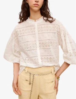 Maje Broderie Anglaise Balloon-sleeve Embroidered Cotton Shirt -Reis Clothing Shop R04101757 BLANC ALT02