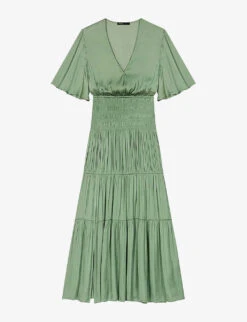 Maje Rome Pleated V-neck Woven Maxi Dress