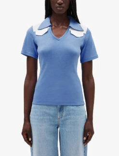 CLAUDIE PIERLOT Tavi Contrast-panel Cotton-blend Polo Shirt -Reis Clothing Shop R04103323 BLEUS ALT02