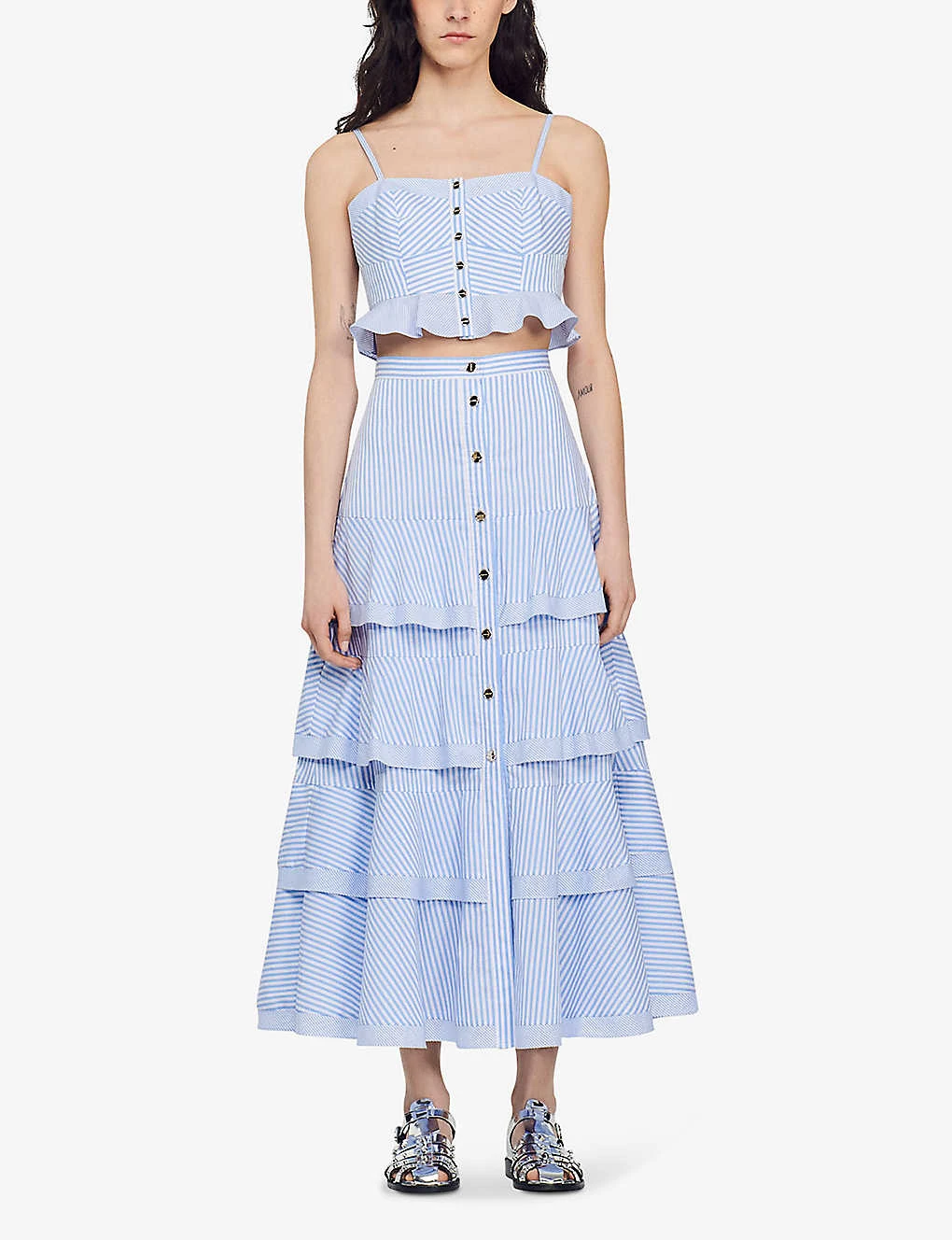 Sandro Tiered-striped Stretch-cotton Maxi Skirt 2 Sandro Tiered-striped Stretch-cotton Maxi Skirt - Image 2