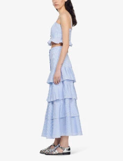 Sandro Tiered-striped Stretch-cotton Maxi Skirt 7 Sandro Tiered-striped Stretch-cotton Maxi Skirt -Reis Clothing Shop R04111298 BLEUS ALT02
