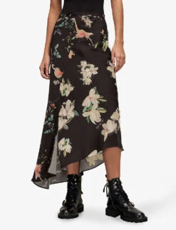 AllSaints Luisa Fabia Floral-print Asymmetric-hem Woven Midi Skirt -Reis Clothing Shop R04119007 BLACK ALT02