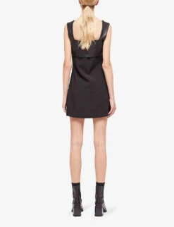 THE KOOPLES Leather-yoke Stretch-woven A-line Mini Dress -Reis Clothing Shop R04121418 BLA01 ALT03
