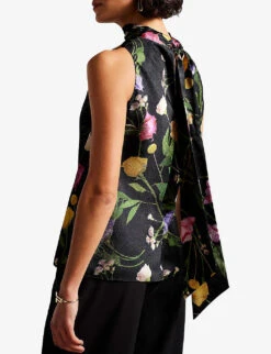 Ted Baker Demitri Floral-print Neck-tie Recycled-polyester Top -Reis Clothing Shop R04122503 BLACK ALT02