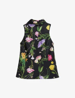Ted Baker Demitri Floral-print Neck-tie Recycled-polyester Top