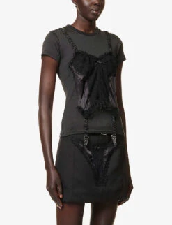 Corset-appliqué Scoop-neck Woven T-shirt -Reis Clothing Shop R04123229 BLACK ALT02