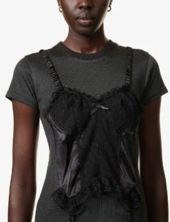 Corset-appliqué Scoop-neck Woven T-shirt -Reis Clothing Shop R04123229 BLACK ALT04