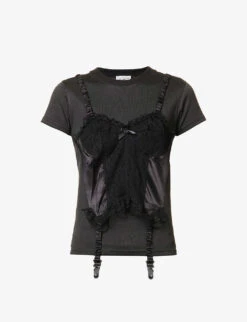 Corset-appliqué Scoop-neck Woven T-shirt