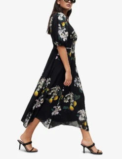 AllSaints Aspen Eugenia Balloon-sleeve Floral-print Woven Midi Dress -Reis Clothing Shop R04134818 BLACK ALT02