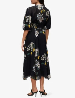 AllSaints Aspen Eugenia Balloon-sleeve Floral-print Woven Midi Dress -Reis Clothing Shop R04134818 BLACK ALT03