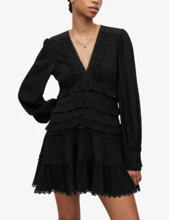 AllSaints Zora Ruffled Woven Mini Dress -Reis Clothing Shop R04136396 BLACK ALT02