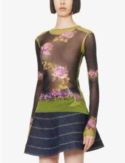 Jean Paul Gaultier Flowers Graphic-print Mesh Top 8 Jean Paul Gaultier Flowers Graphic-print Mesh Top -Reis Clothing Shop R04137650 GREENPURPLE ALT02