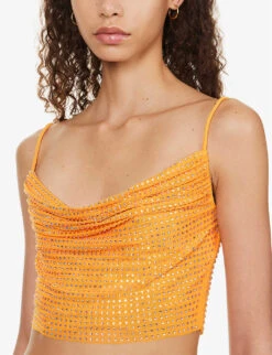 SELF PORTRAIT Crystal-embellished Cowl-neck Stretch-woven Top 9 SELF PORTRAIT Crystal-embellished Cowl-neck Stretch-woven Top -Reis Clothing Shop R04137722 ORANGE ALT04
