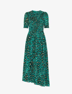 Whistles Leopard-print Shirred Woven Midi Dress