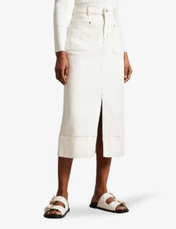 Ted Baker Jomana High-waisted Front-slit Stretch-denim Midi Skirt -Reis Clothing Shop R04146901 IVORY ALT02
