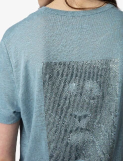 Zadig & Voltaire Wassa Rhinestone Lion-embellished Linen T-shirt -Reis Clothing Shop R04151985 NUAGE ALT04