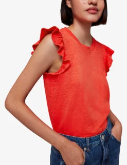 Whistles Frilled Cap-sleeved Cotton T-shirt -Reis Clothing Shop R04153129 RED ALT02